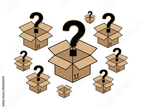 Mystery boxes with question marks creating uncertainty