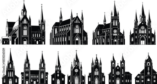 Set of Church and Cathedral Silhouettes with Crosses, Spires, and Gothic Architecture, Representing Religion, Christianity, Worship, Historical Buildings, and Spiritual Faith Symbols.