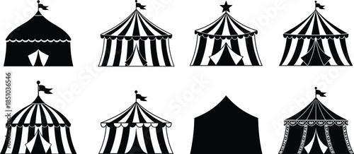 Set of circus tent silhouettes with striped designs, decorative festival canopies, vintage carnival style vector illustration elements for event themes