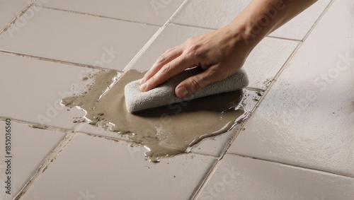 Hand applying grout on tiles with a sponge for home improvement.
