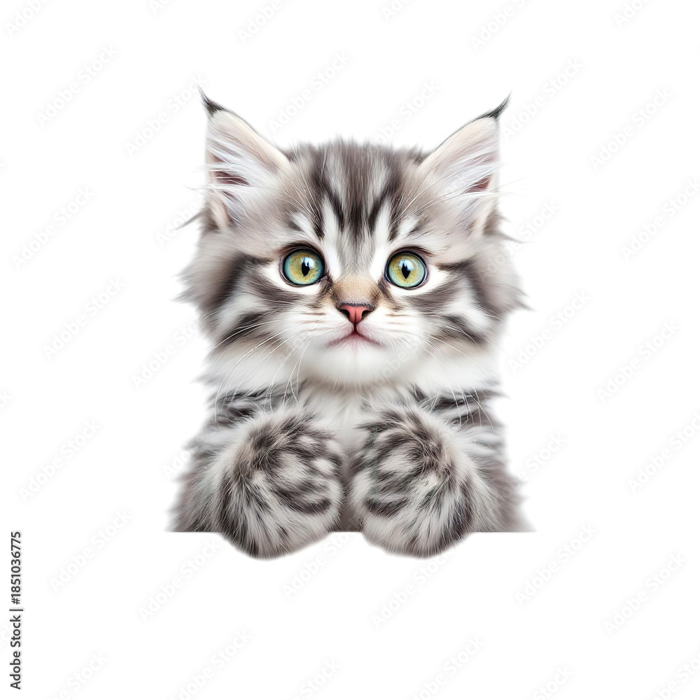Fototapeta premium Adorable fluffy silver tabby kitten with big green eyes peeking curiously over an edge on transparent background