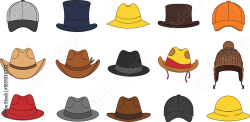 Set of colorful hats vector illustration including baseball cap cowboy hat top hat and fedora isolated on white background fashion accessory collection.