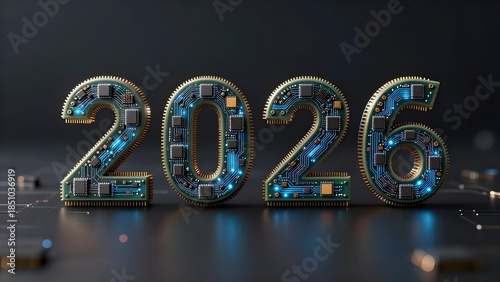 New year 2026 concept. 3D illustration of new year 2026 on circuit board. Year of artificial intelligance