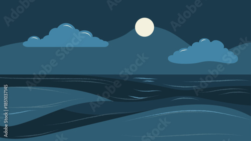 Minimalist vector illustration of a calm night sea with soft ocean waves, moonlight sky, clouds and moon over the horizon.