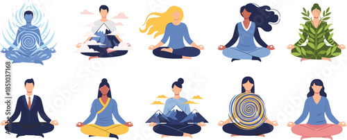 Set of diverse meditating people characters in lotus pose with nature business and abstract concepts vector illustration isolated on white background elements