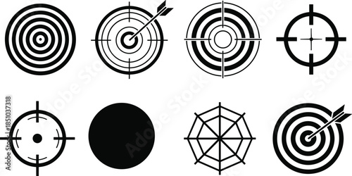 Set of eight black target and bullseye icons with arrows and crosshairs isolated on white background vector illustration design for business goal