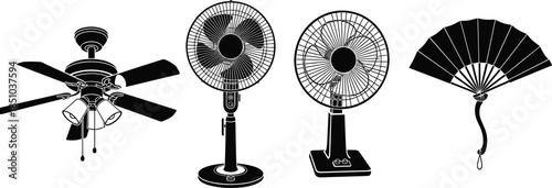 Set of electric and manual fans including ceiling, pedestal, desk and hand fan styles, detailed black silhouette vector illustration elements