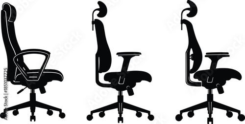 Set of ergonomic office chair silhouettes, adjustable desk chair illustrations, modern workplace seating designs for interior furniture, comfort and productivity concepts