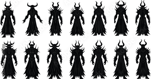 Set of fantasy demon lord silhouettes with horns and spiked armor wearing long cloaks isolated on white background for game design vector.