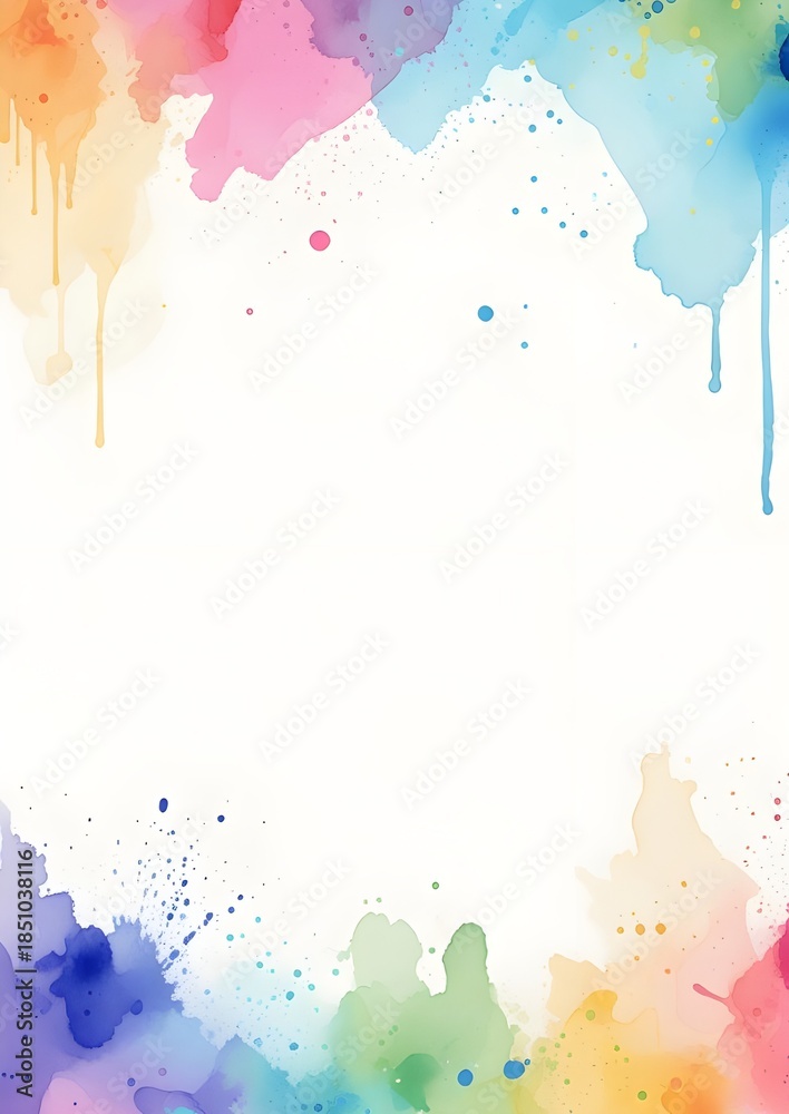 Fototapeta premium A soft watercolor abstract background with pastel splashes and paint drips framing a clean white space.