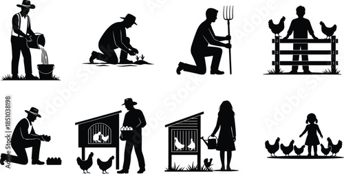 Set of farmer silhouettes working on poultry farm feeding chickens collecting eggs and tending to coop isolated on white background vector illustration.