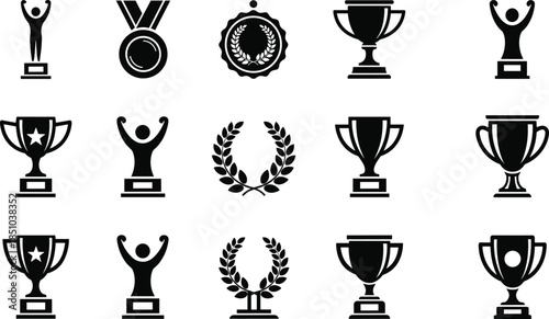 Set of fifteen black trophy cup icons, award medals, laurel wreaths, and winner silhouettes isolated on white, cad drawing flat vector illustration.