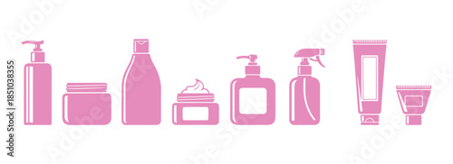 A set of vector icons that highlights beauty, cosmetics, and care. This includes bottles, jars, shower gels, face creams, body lotions, sprays, ointments, and pastes.