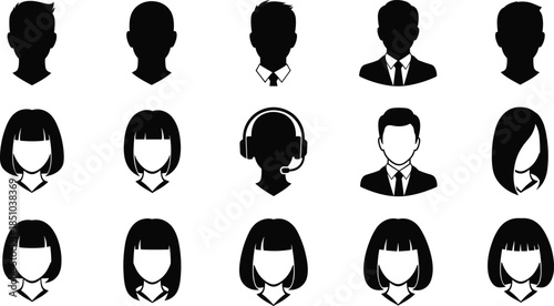 Set of fifteen black silhouette user profile avatar icons representing diverse male, female, and customer service headset operators, ideal vector for website interface and mobile app design