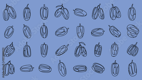 set of date fruit icons in outline style with leafy edible dried palm elements, perfect for food packaging labels nutrition info-graphics organic branding menus and healthy lifestyle design projects.