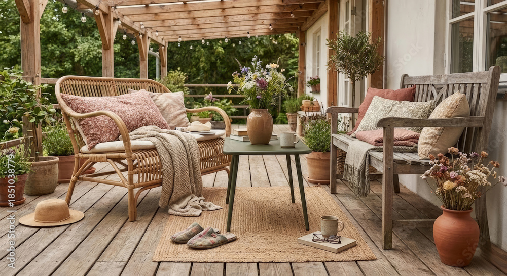 Fototapeta premium Cozy outdoor seating area featuring a rattan sofa, decorative pillows, a green table, and potted plants, creating a welcoming atmosphere for relaxation and enjoyment