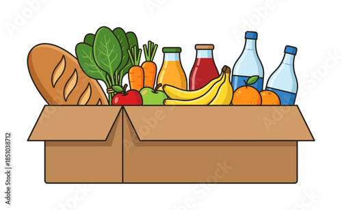 Groceries in cardboard box for food donation