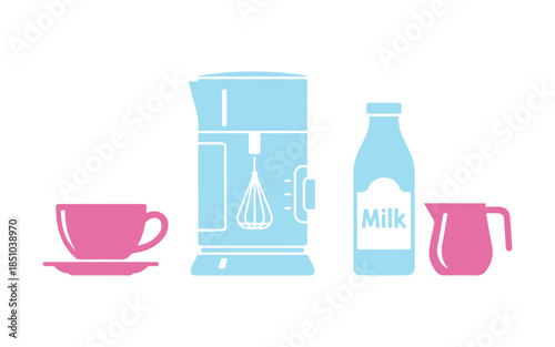 Instructions for using an electric milk frother.  A vibrant icon representing an automatic cappuccino maker, a handy kitchen gadget.