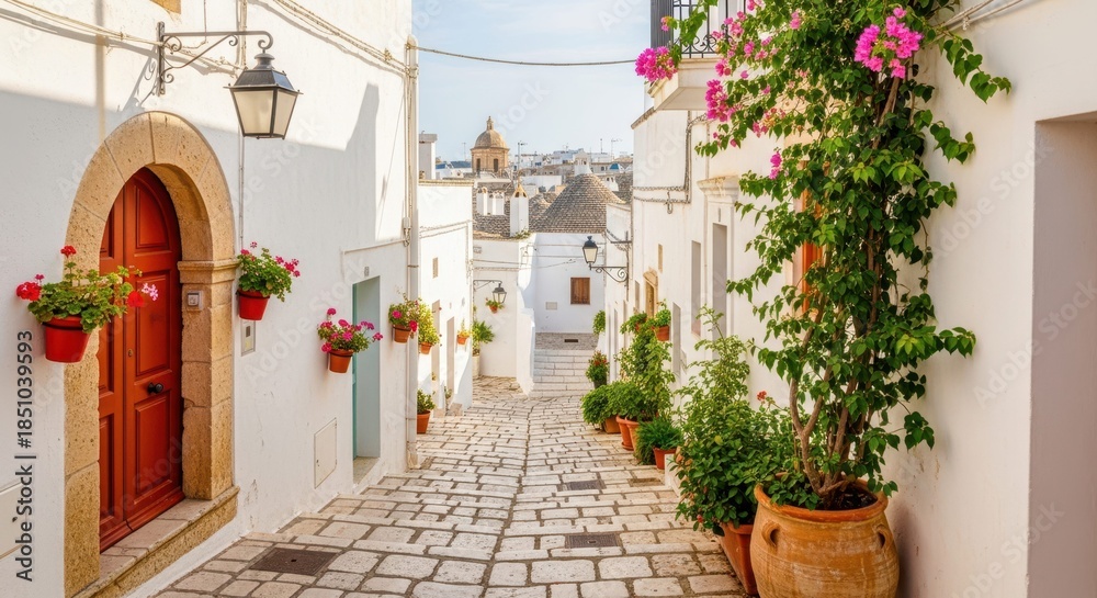 Fototapeta premium Charming White Street: Capture the picturesque beauty of a quaint white street adorned with vibrant flowers and historic architecture, bathed in soft daylight.