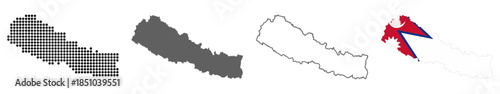 Nepal map set with dotted solid outline and flag style vector illustration