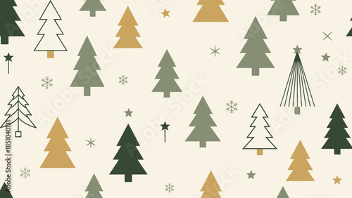 Festive pattern of evergreen trees and stars in neutral colors  