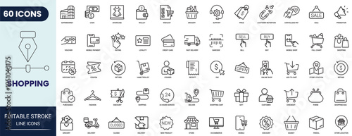 Shopping line icon set. Includes Online shopping, store, delivery, promotion, shopping cart and more. Editable stroke. Vector illustration.