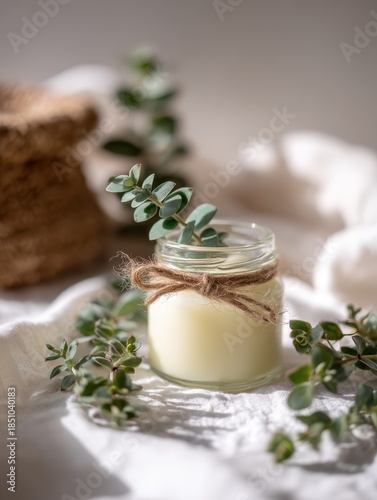 Decorative Candle with Green Eucalyptus Leaves on White Fabric Surface in Natural Light