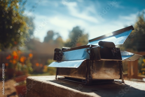 Stainless Steel Outdoor Toaster with Open Lid on Stone Surface in Bright Sunlight