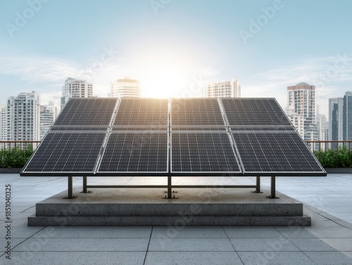 Solar Panels on Rooftop with City Skyline in Background at Sunrise