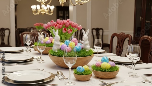 Wallpaper Mural Easter Dining Ambiance: A meticulously arranged dining table showcases vibrant spring blooms and festive decor, creating an atmosphere of anticipation and renewal for Easter celebration. Torontodigital.ca