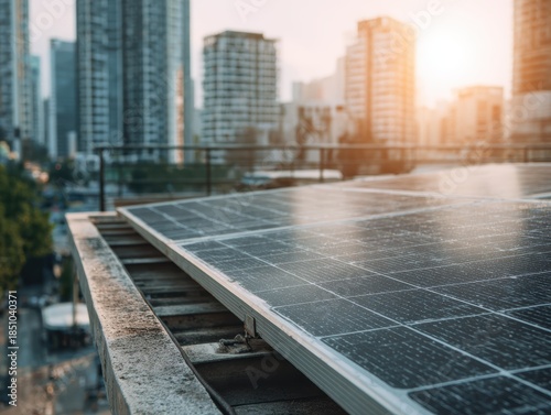 Solar Panels on Rooftop in Urban Cityscape at Sunset