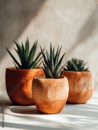Three Succulent Plants in Rustic Terracotta Pots on Sunlit Surface