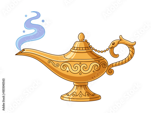 Golden magic lamp emitting blue genie smoke
