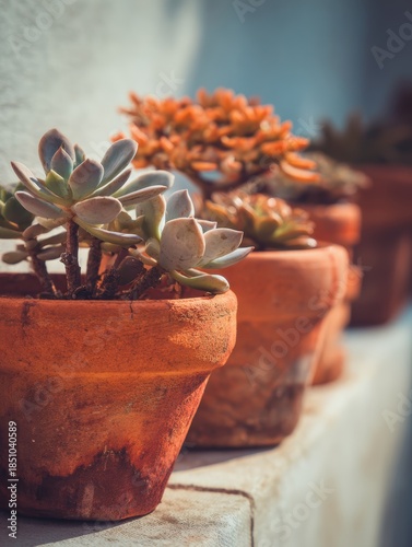 Succulent Plants in Rustic Clay Pots Bright Natural Light Outdoor Scene