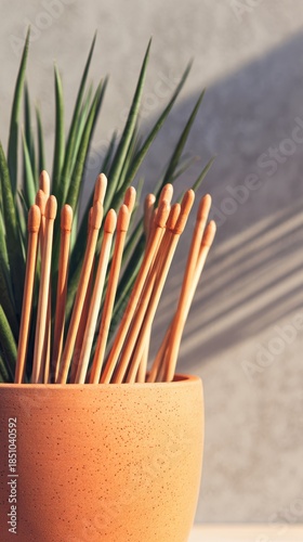 Terracotta Pot with Green Plant and Wooden Sticks on Gray Background