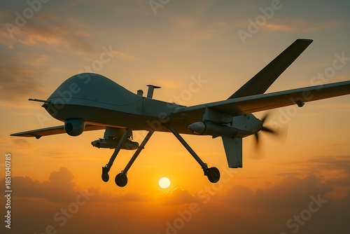 Military drone flying against a vibrant sunset sky, silhouetted with visible propeller and landing gear, highlighting UAV technology in defense and surveillance.