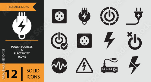 A versatile collection of 12 solid icons representing power sources and electricity concepts