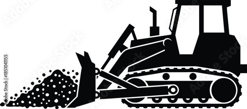 Modern solid icon showing a construction vehicle with a large front blade to denote specialized road building, excavation services, and heavy machinery operations.