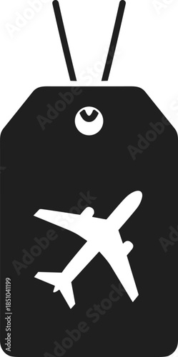 Modern solid icon showing a rectangular travel tag with a flight emblem to denote specialized tourism transport, secure cargo handling, and airfare booking findings.