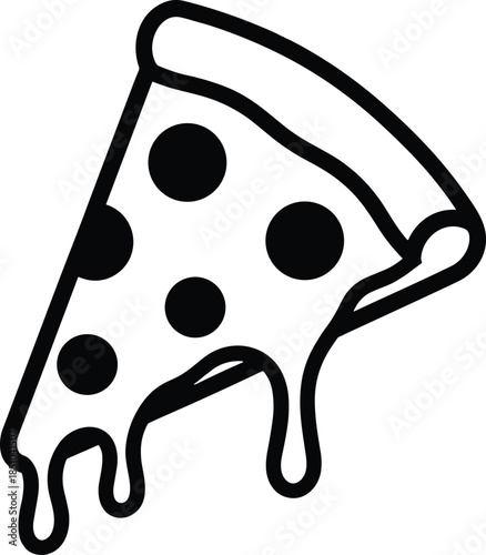 Modern outline icons showing a delicious slice of pizza with dripping crust to denote specialized pizzeria branding, cafe dining, and snack bar catering.