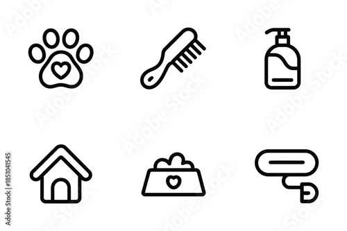 Pet grooming and animal care outline icons set featuring dog kennel, paw print, food bowl, and leash.