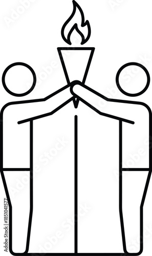 Minimalist black and white vector line illustration featuring two human figures holding a flaming torch together representing teamwork, sportsmanship, and shared achievement.
