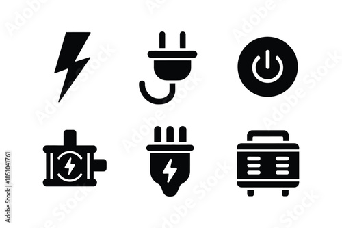 Electric power and energy supply solid icons including battery, plug, power button, and lightning.