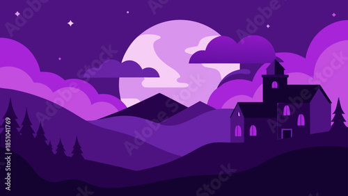 A mysterious purple night landscape illustration with a spooky gothic house silhouette set against rolling hills and a large full moon.