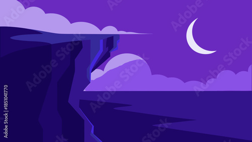 A serene minimalist purple night landscape illustration featuring stylized cliffs and fluffy clouds under a bright crescent moon.