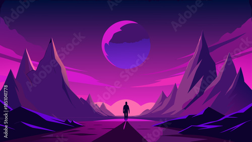 A solitary figure journeys through a vibrant purple and pink retrofuturistic landscape at sunset under a large celestial body