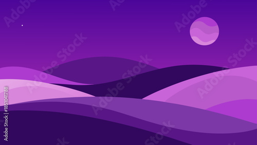 A vibrant minimalist digital illustration capturing an abstract purple landscape with rolling hills, a glowing moon, and a distant star against a dark night sky.