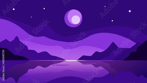 A serene purple night landscape illustration showing mountains reflecting in a calm lake under a large moon