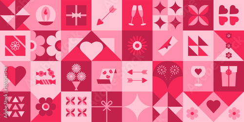 Modern geometric Valentine seamless pattern featuring hearts, flowers, gifts and love icons in soft pink and red palette. Romantic vector background. Ideal for packaging, wallpaper, cards and textile
