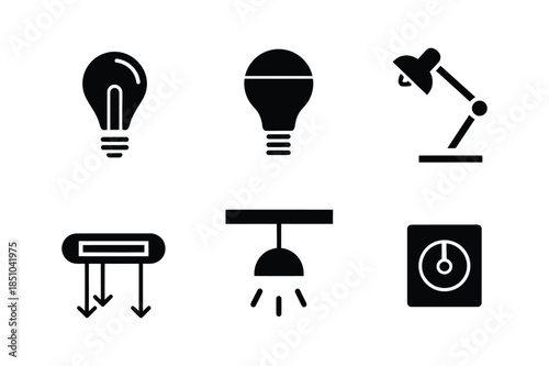 Interior lighting and electric lamp solid icons including desk lamp, light bulb, and ceiling fixture.